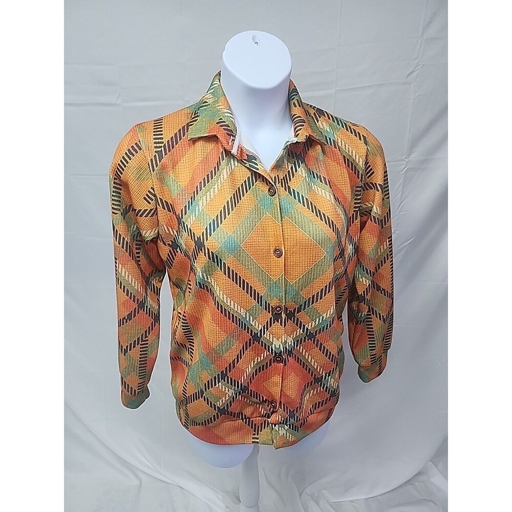 handmade Button-up vintage cardigan blouse Top bright colorful SZ L orange